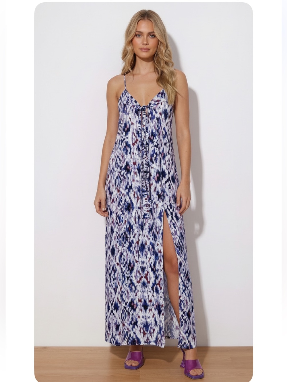 Lavender Brown Sleeveless Purple Red & White Ikat Maxi Dress with Back Tie Large